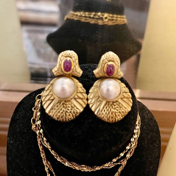 Jewelry - 14KT SOLID GOLD PEARL/RUBY EARRINGS - OMEGA BACK 20+ grams